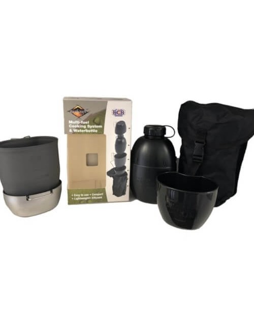 Système de cuisson Bushcraft avec bouteille d'eau Multi-carburant (cuisinière argentée) Noir