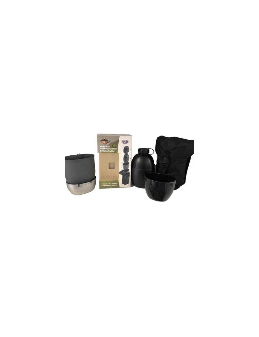 Système de cuisson Bushcraft avec bouteille d'eau Multi-carburant (cuisinière argentée) Noir