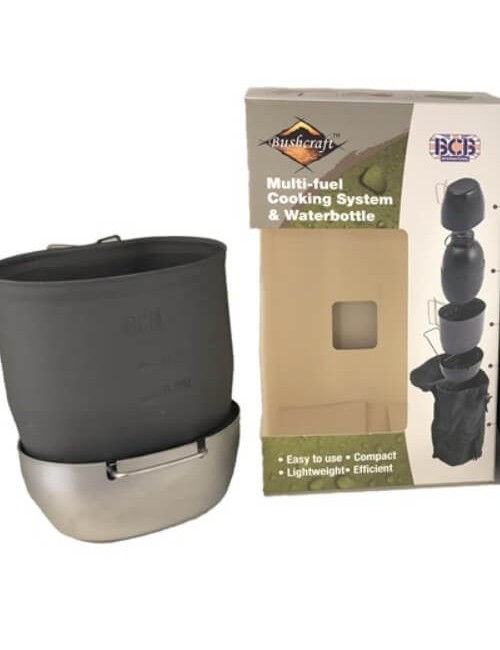 Bushcraft Kochsystem mit Wasserflasche Multi-fuel (silberner Kocher) Schwarz