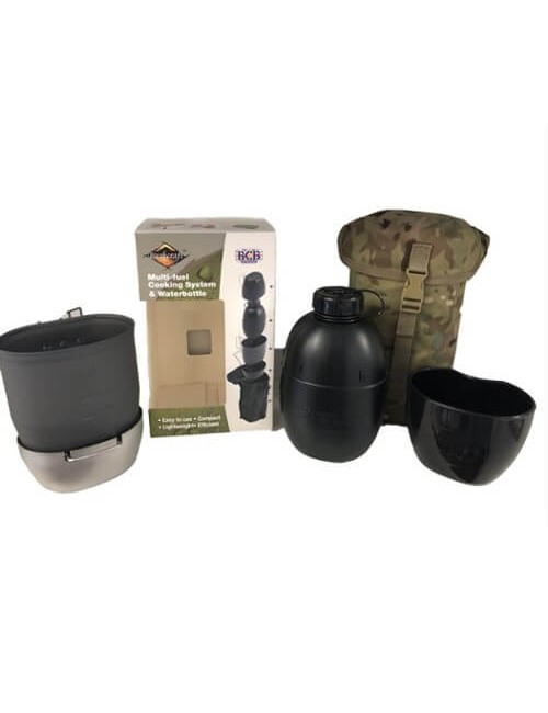 Sistema de cocción Bushcraft con botella de agua multicombustible (cocina plateada)Verde