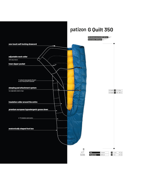 Patizon Decke Schlafsack G Quilt 350 Poseidon - Goldgelb 200 -5°C - Blau