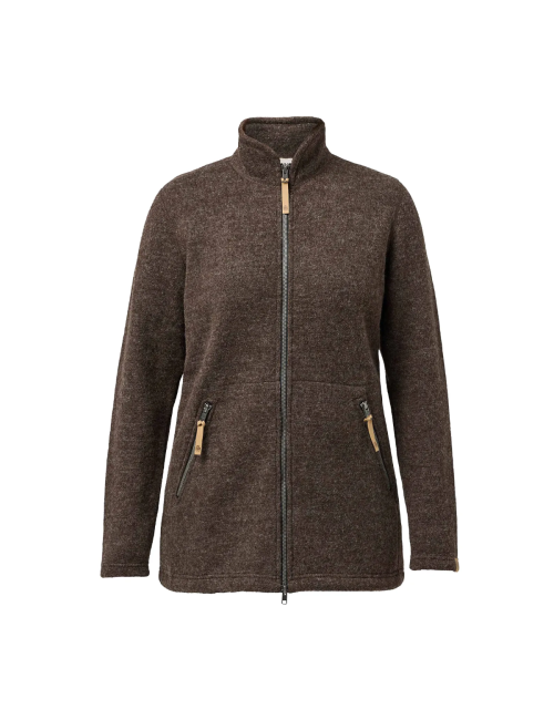 Ivanhoe Damen-Wollweste mit durchgehendem Reißverschluss NLS Twig Long Chocolate, 100 % ungefärbte Wolle – Braun