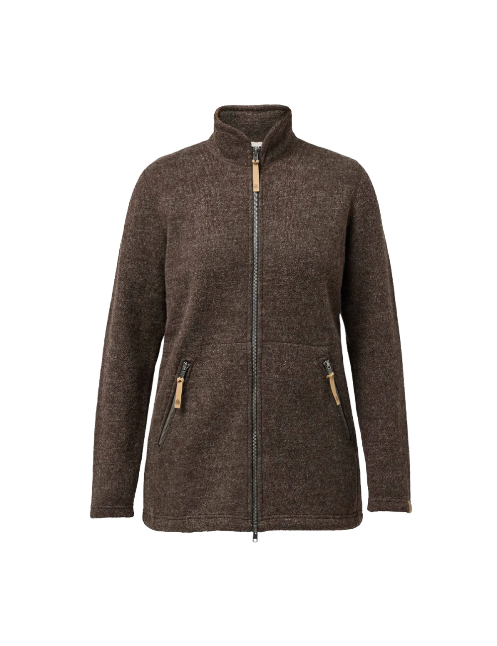 Giacca da donna in lana con zip integrale Ivanhoe NLS Twig Long Chocolate 100% lana non tinta - Marrone